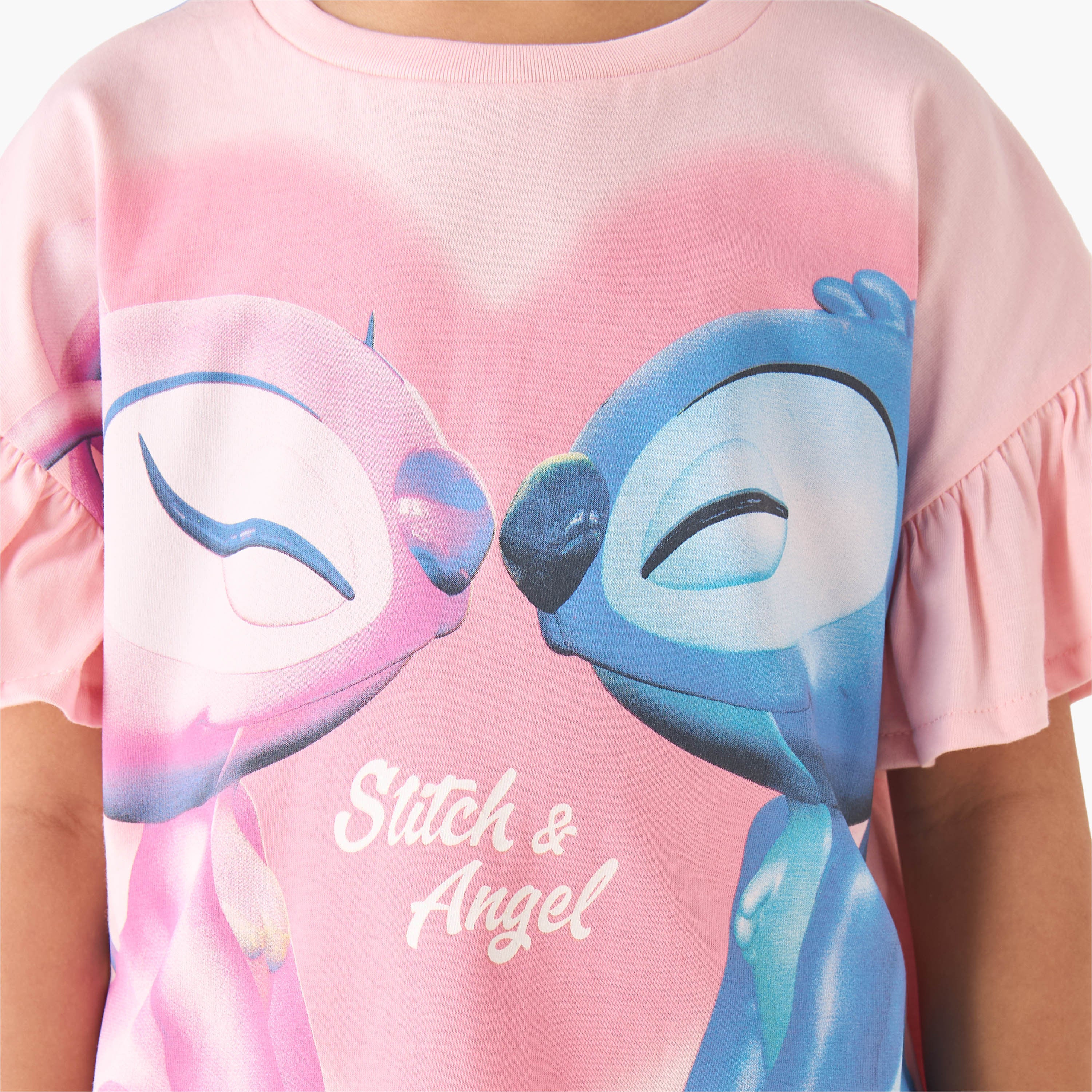 Disney Crew Neck Short Ruffle Sleeves T-shirt with Stitch and Angel Print