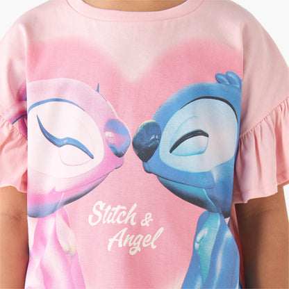 Disney Crew Neck Short Ruffle Sleeves T-shirt with Stitch and Angel Print