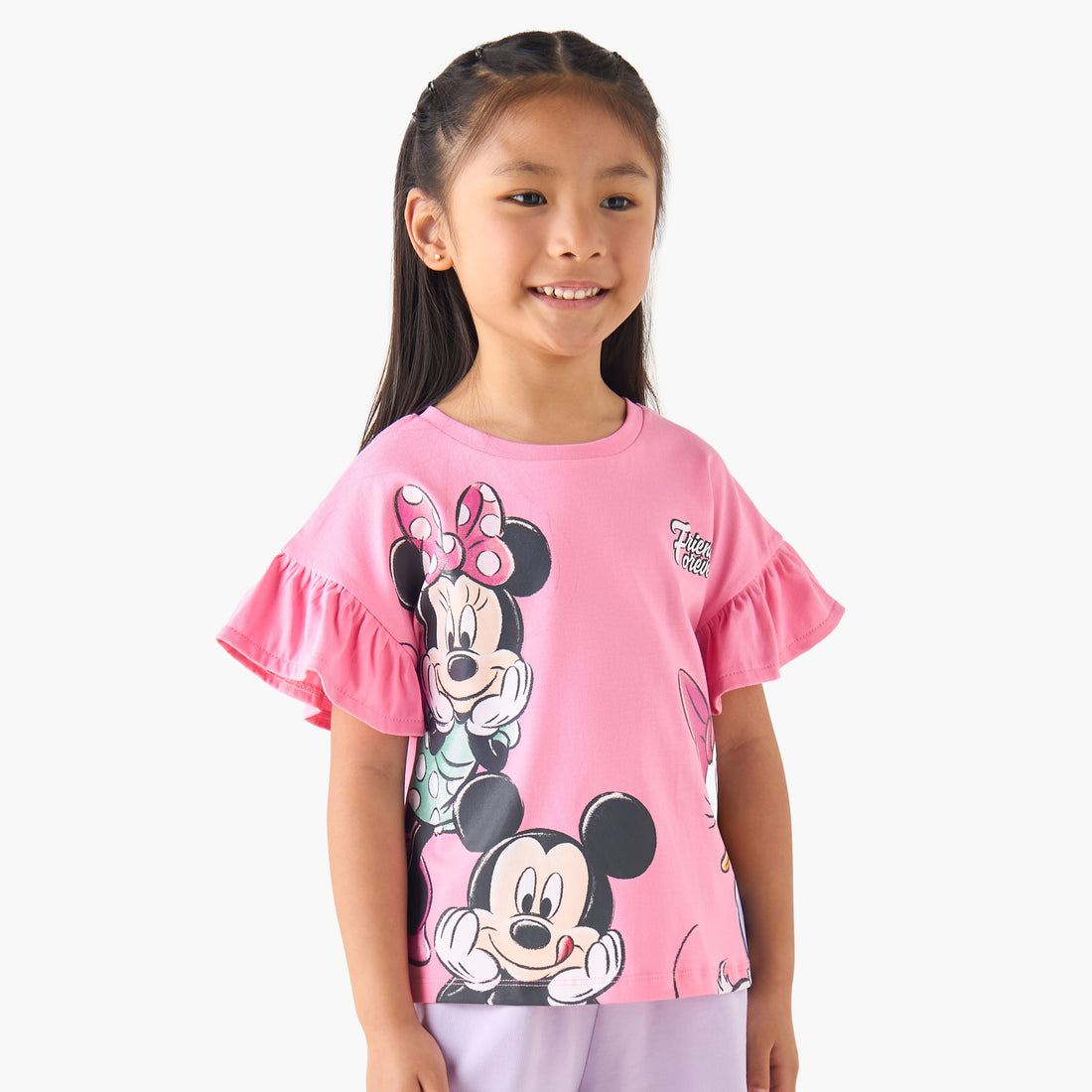 Disney Crew Neck Short Sleeves T-Shirt with Mickey and Minnie Mouse Print - Pink / 1-2 yrs