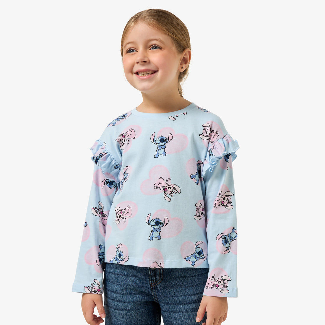 Disney Crew Neck Long Sleeves T-shirt with Angel and Stitch Print - Blue / 1-2 yrs