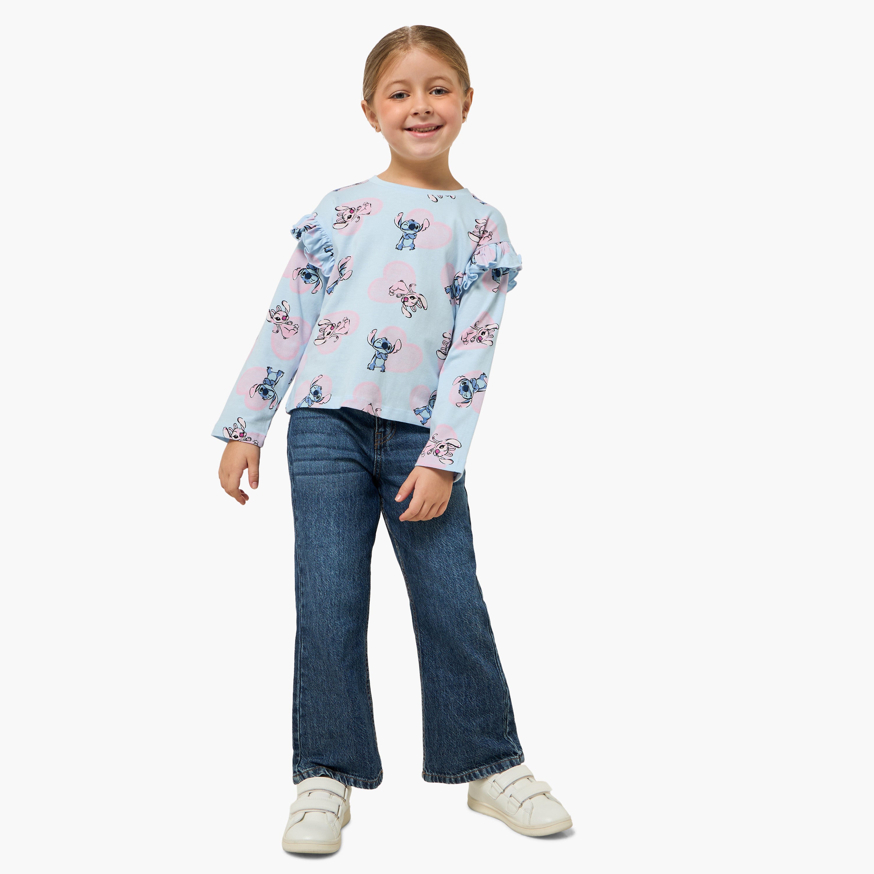 Disney Crew Neck Long Sleeves T-shirt with Angel and Stitch Print