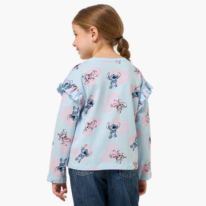 Disney Crew Neck Long Sleeves T-shirt with Angel and Stitch Print
