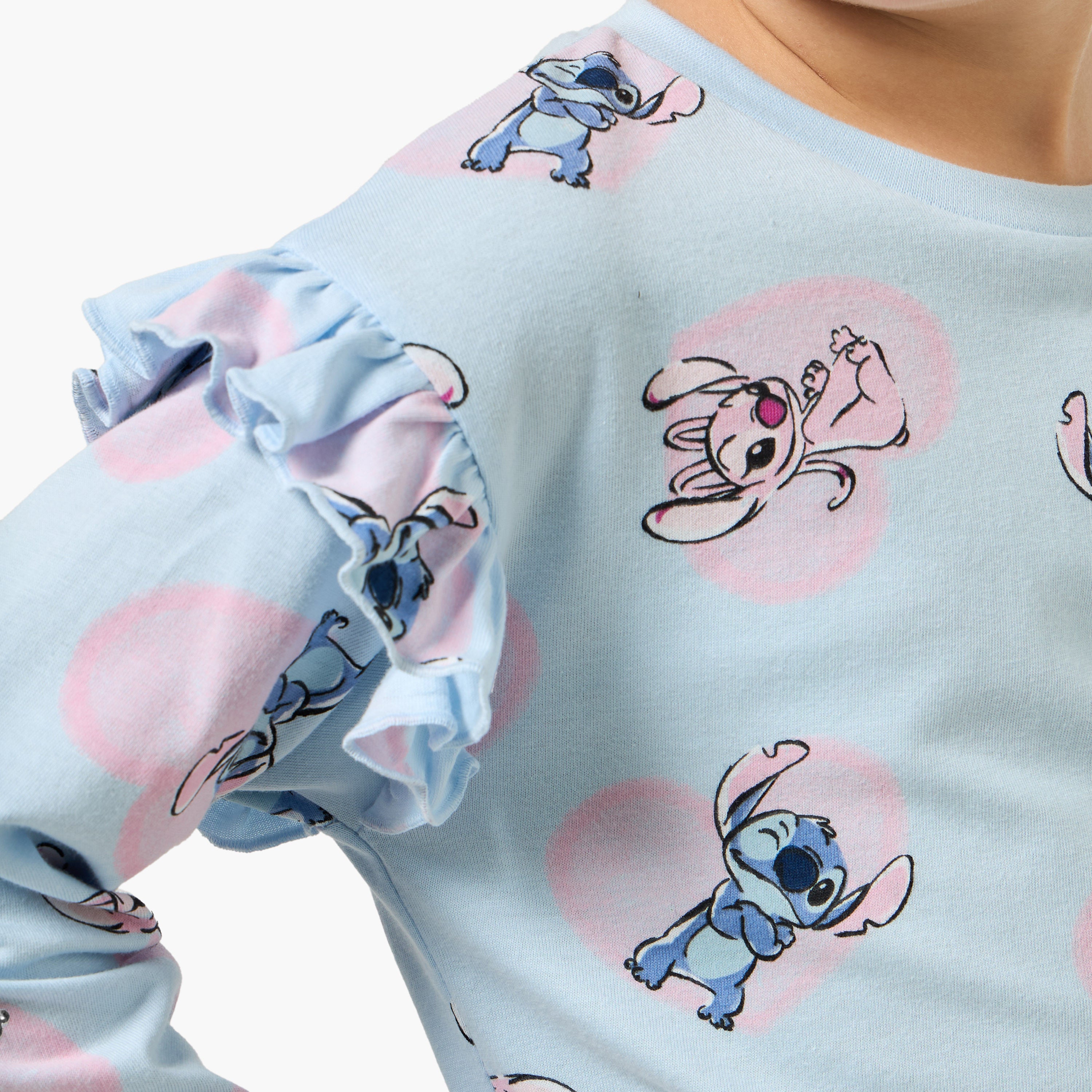 Disney Crew Neck Long Sleeves T-shirt with Angel and Stitch Print