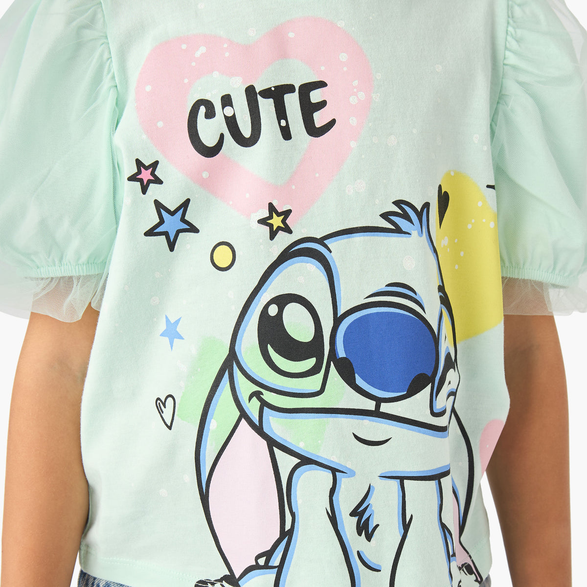 Disney Round Neck Short Sleeve T-shirt with Stitch Print