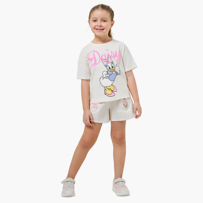 Disney Round Neck Short Sleeve T-shirt with Daisy Duck Print