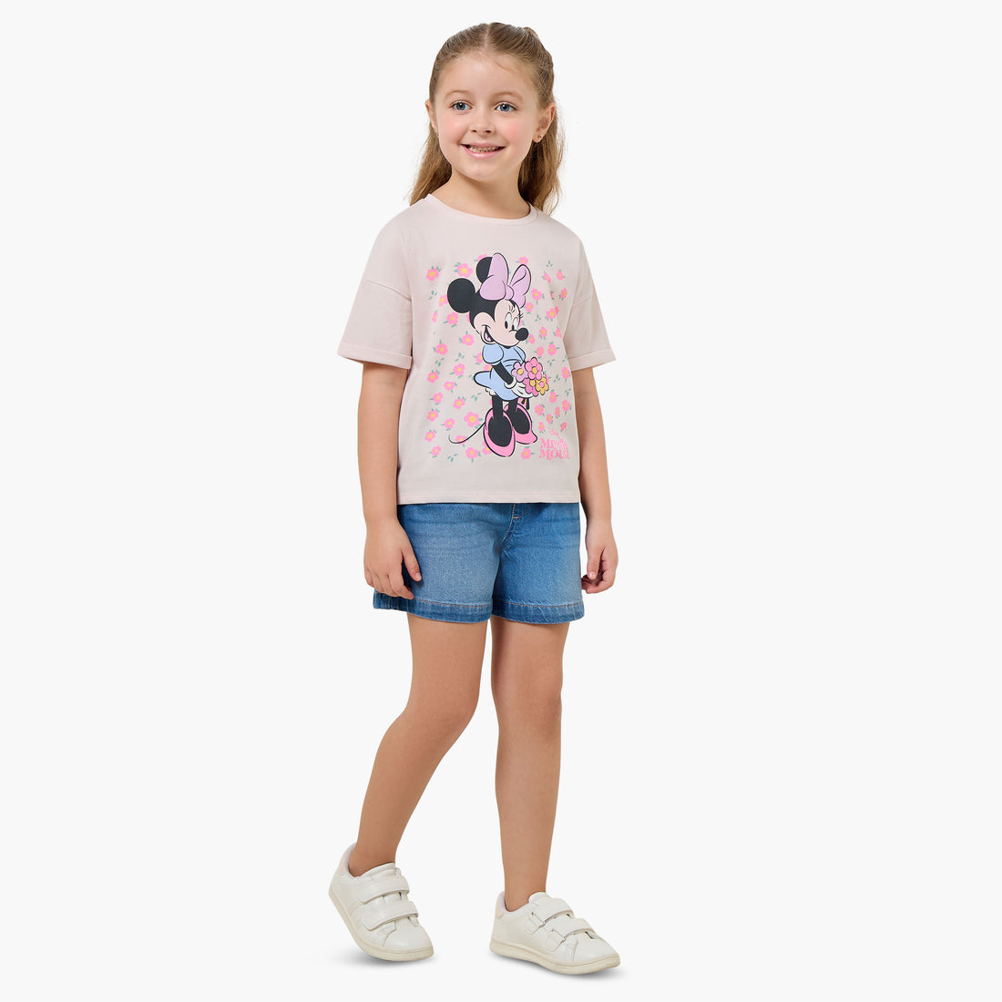 Disney Round Neck Short Sleeve T-shirt with Minnie Mouse Print