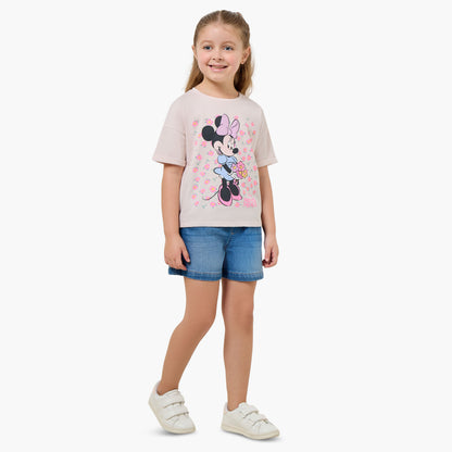Disney Round Neck Short Sleeve T-shirt with Minnie Mouse Print