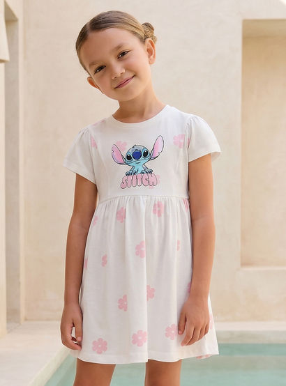 Disney Round Neck Short Sleeves A-line Dress with Floral Stitch Print-girls-clothing-dressesandjumpsuits-image-1