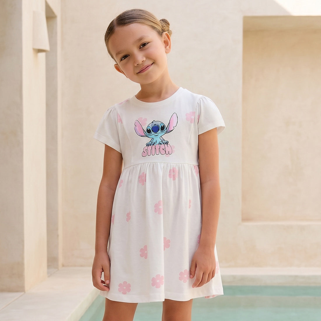 Disney Round Neck Short Sleeves A-line Dress with Floral Stitch Print - White / 5-6 yrs