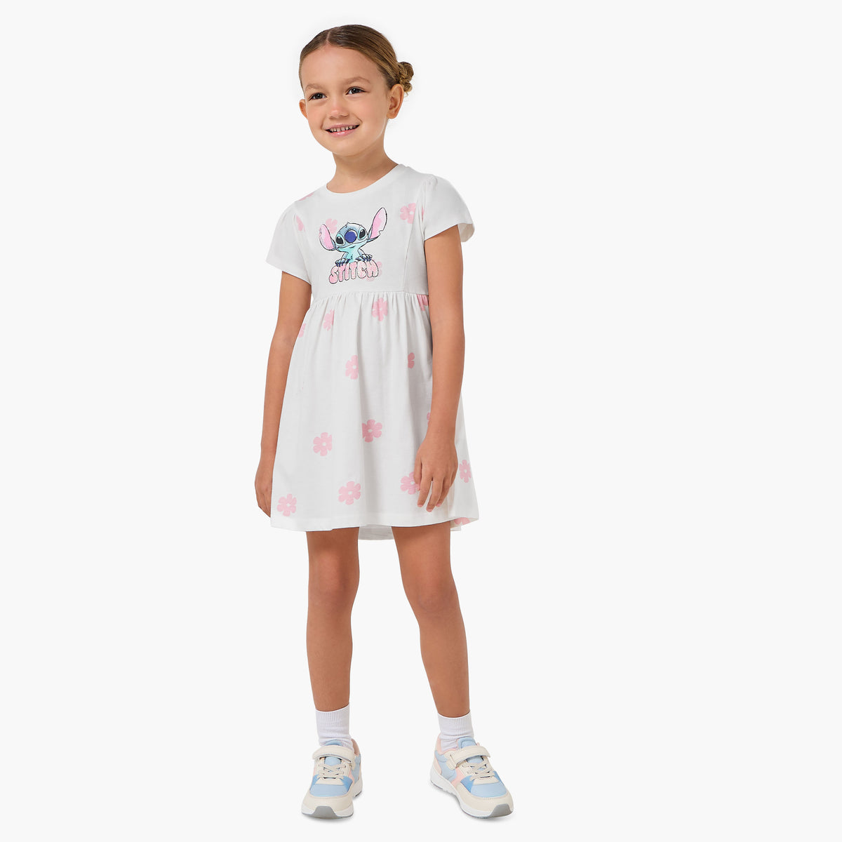 Disney Round Neck Short Sleeves A-line Dress with Floral Stitch Print