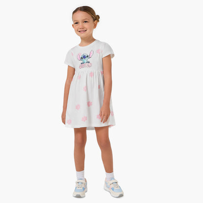 Disney Round Neck Short Sleeves A-line Dress with Floral Stitch Print