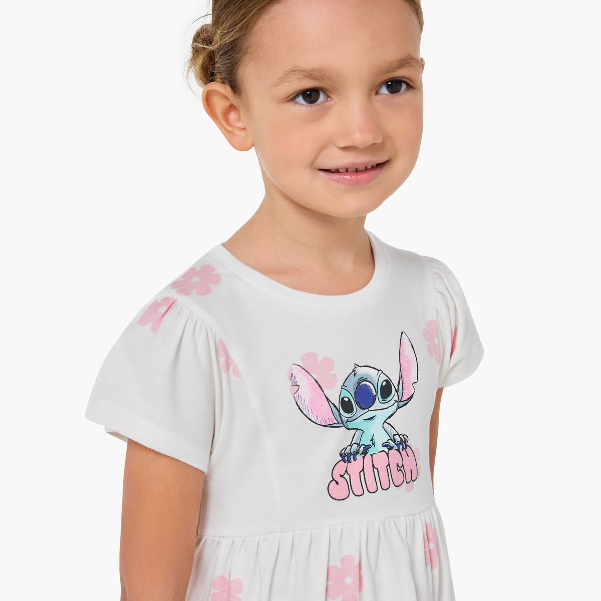 Disney Round Neck Short Sleeves A-line Dress with Floral Stitch Print