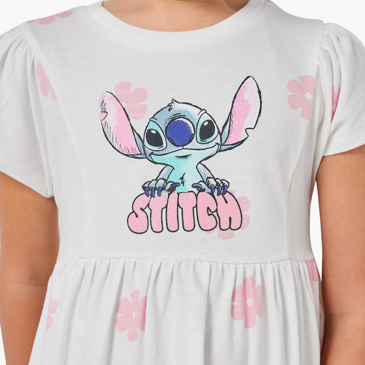 Disney Round Neck Short Sleeves A-line Dress with Floral Stitch Print