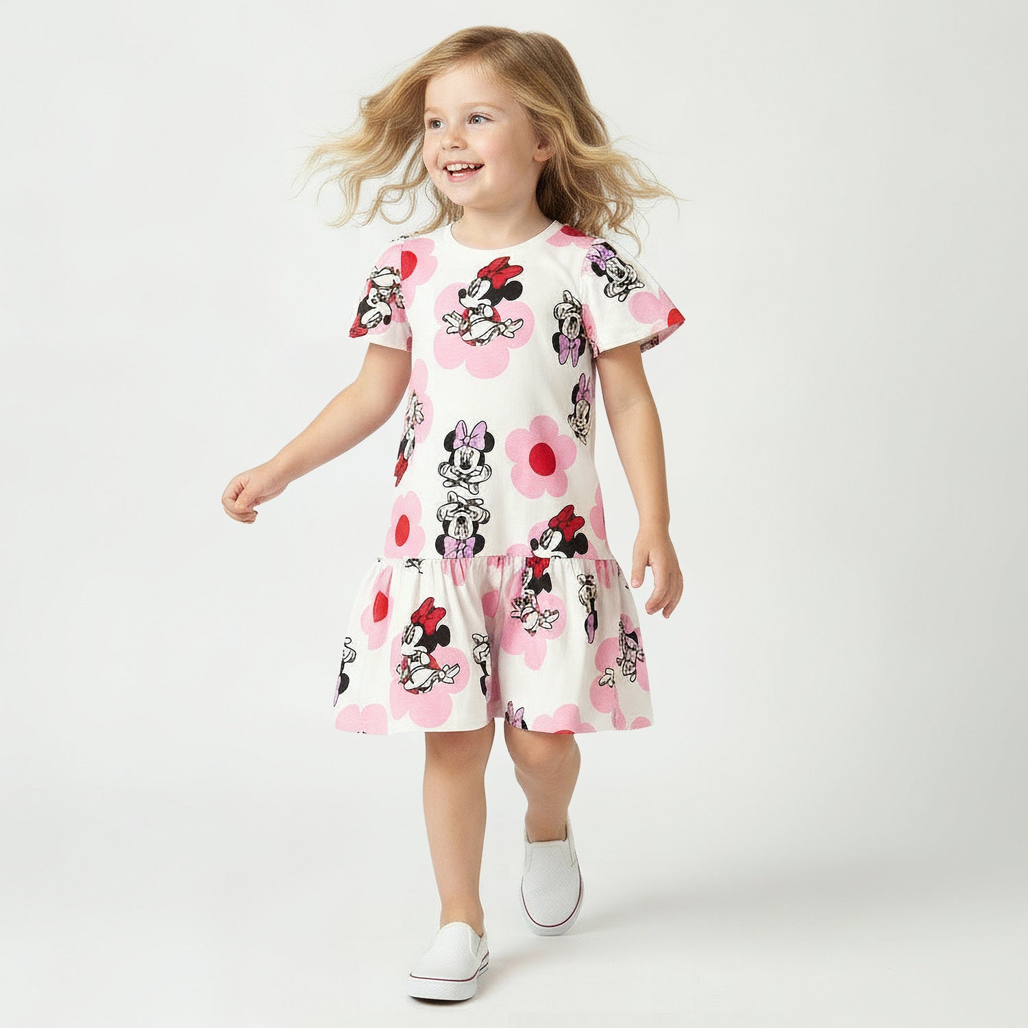 Disney Round Neck Short Sleeves Drop Waist Dress with Minnie Mouse Print - Multicolour / 1-2 yrs