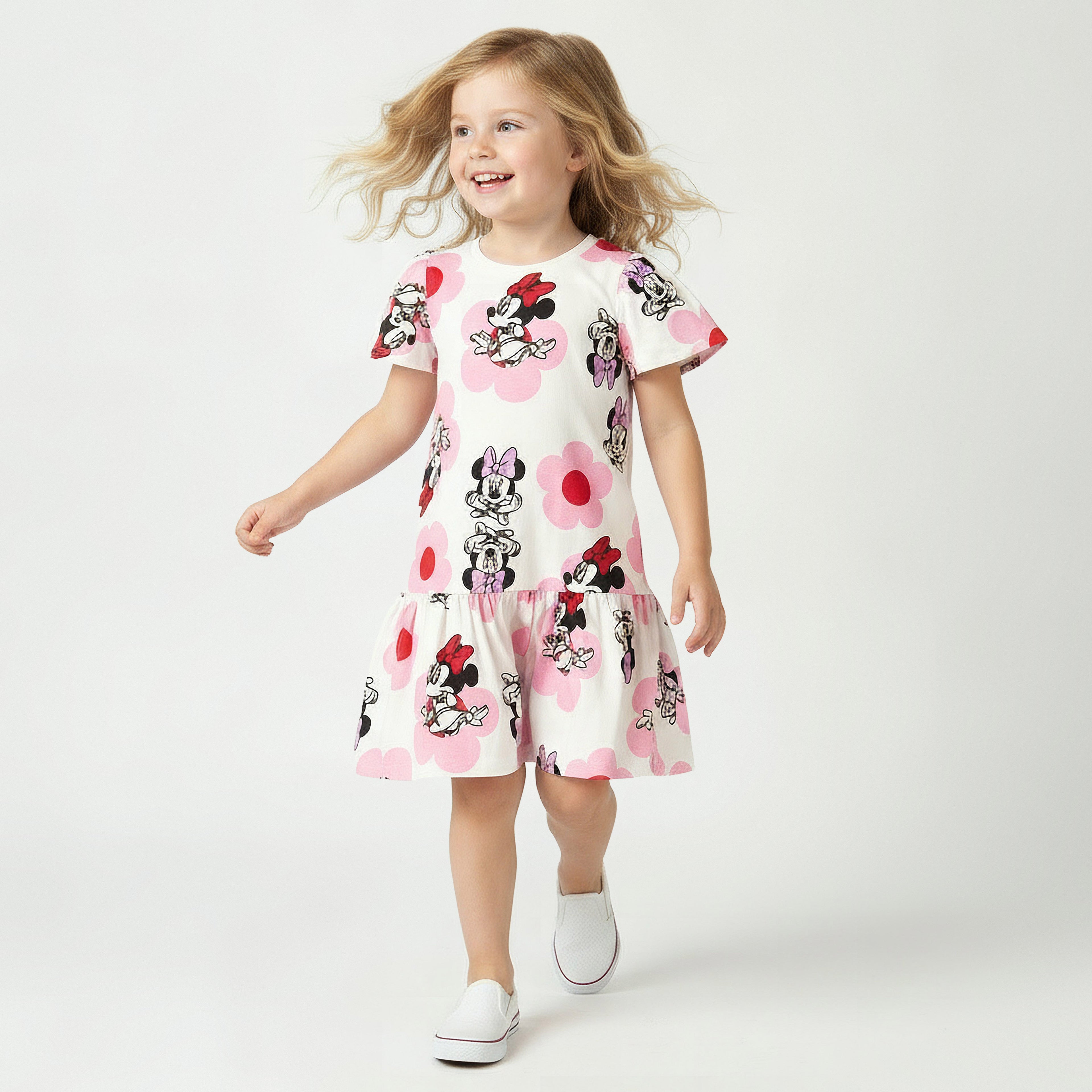 Disney Round Neck Short Sleeves Drop Waist Dress with Minnie Mouse Print