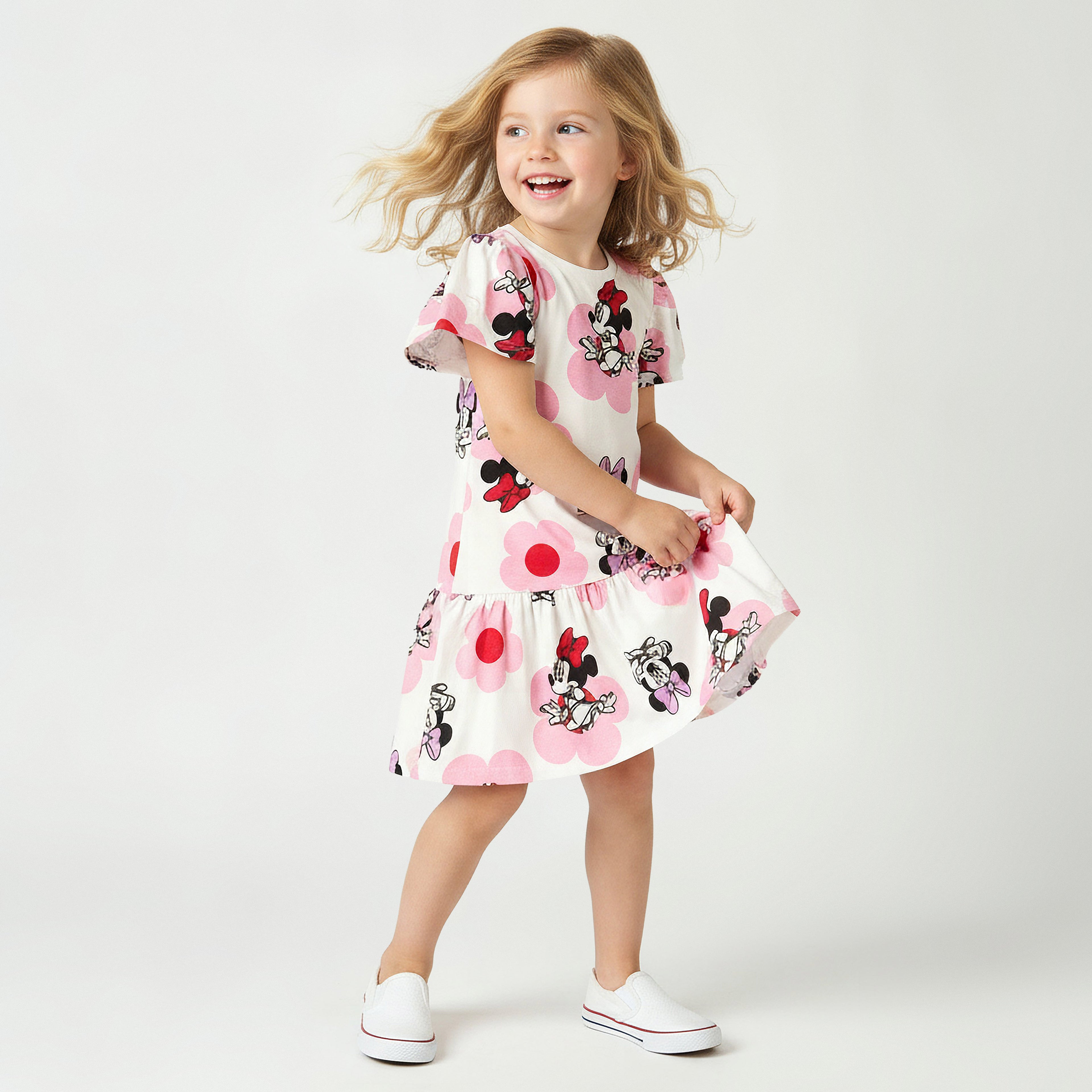 Disney Round Neck Short Sleeves Drop Waist Dress with Minnie Mouse Print