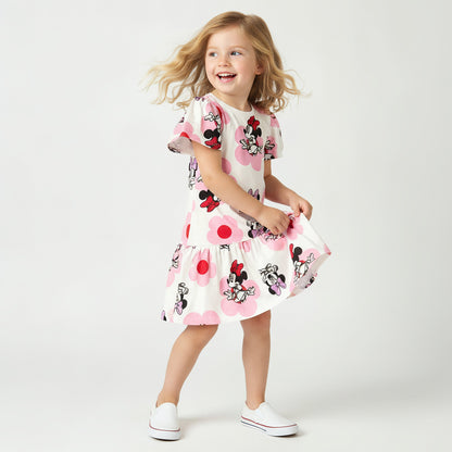 Disney Round Neck Short Sleeves Drop Waist Dress with Minnie Mouse Print