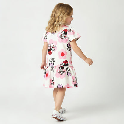 Disney Round Neck Short Sleeves Drop Waist Dress with Minnie Mouse Print