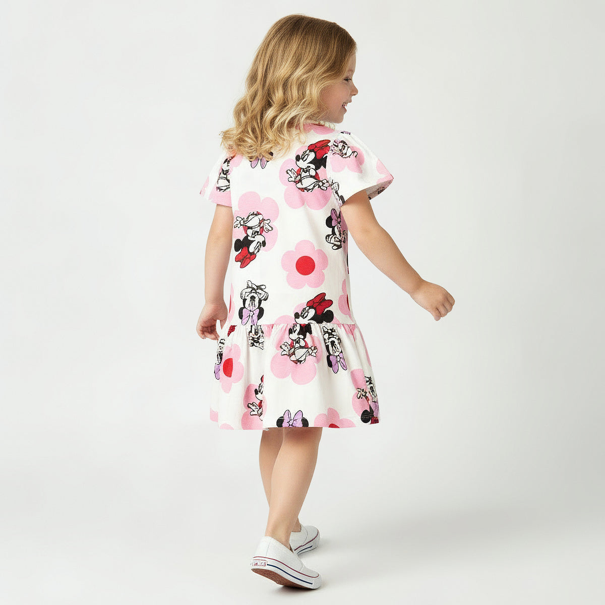 Disney Round Neck Short Sleeves Drop Waist Dress with Minnie Mouse Print