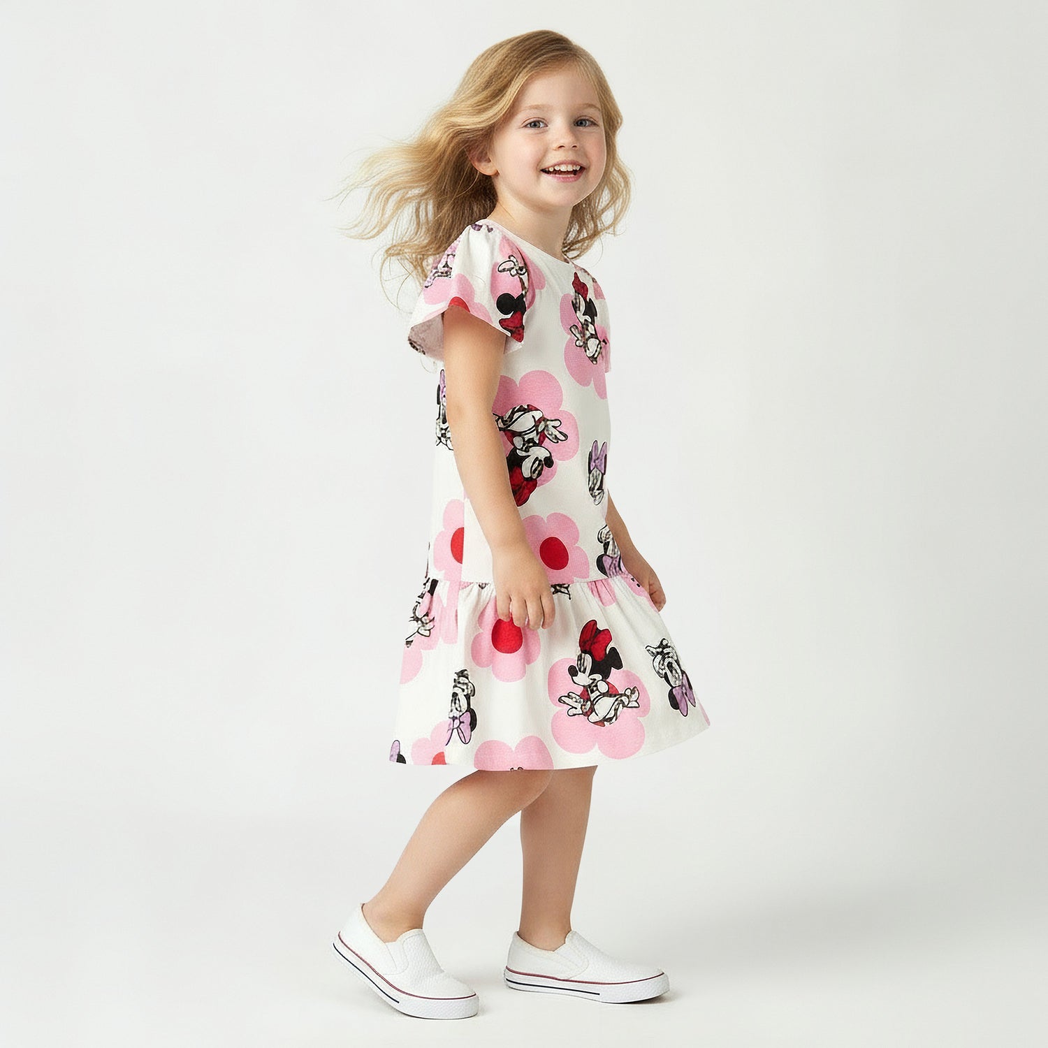 Disney Round Neck Short Sleeves Drop Waist Dress with Minnie Mouse Print
