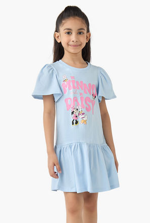 Disney Round Neck Short Sleeves A-line Dress with Minnie and Daisy Print
