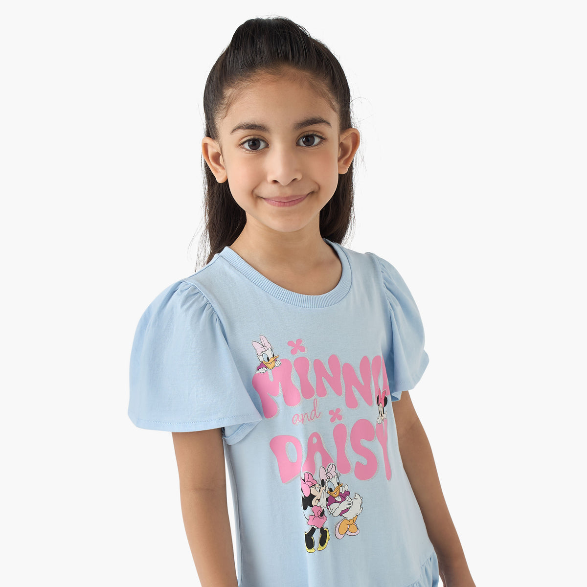 Disney Round Neck Short Sleeves A-line Dress with Minnie and Daisy Print
