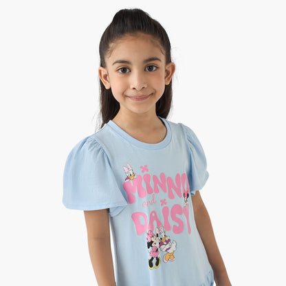 Disney Round Neck Short Sleeves A-line Dress with Minnie and Daisy Print