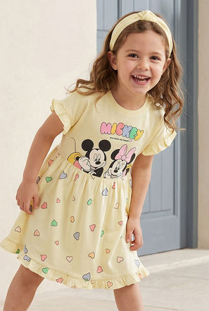 Disney Round Neck Short Sleeves Knee Length A-line Dress with Mickey and Minnie Mouse Print