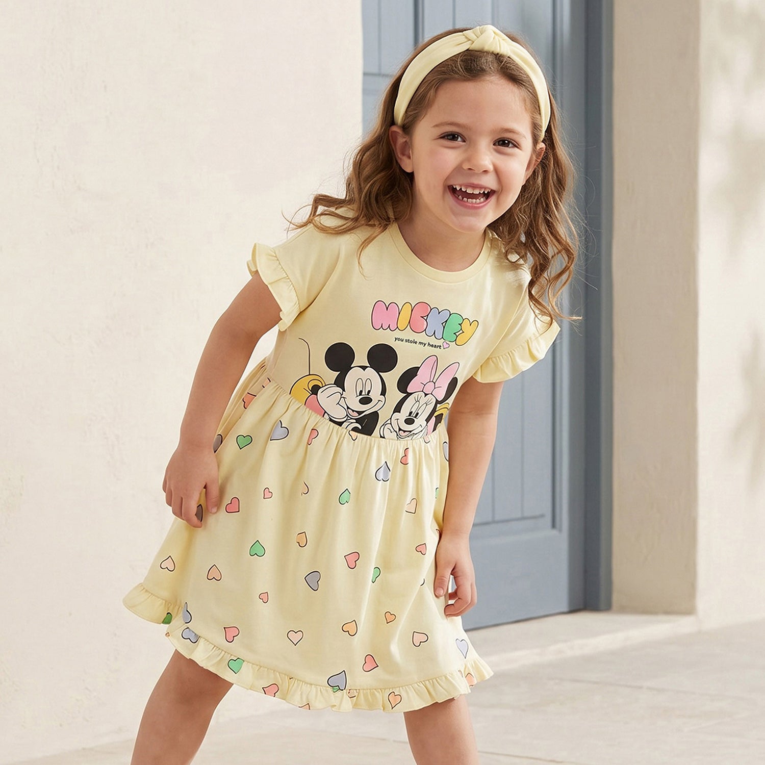 Disney Round Neck Short Sleeves Knee Length A-line Dress with Mickey and Minnie Mouse Print - Green / 4-5 yrs