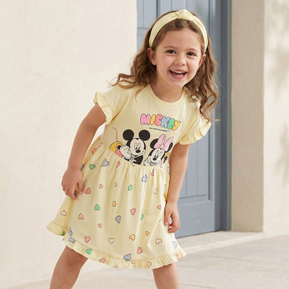 Disney Round Neck Short Sleeves Knee Length A-line Dress with Mickey and Minnie Mouse Print - Green / 4-5 yrs