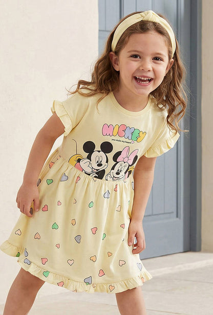 Disney Round Neck Short Sleeves Knee Length A-line Dress with Mickey and Minnie Mouse Print