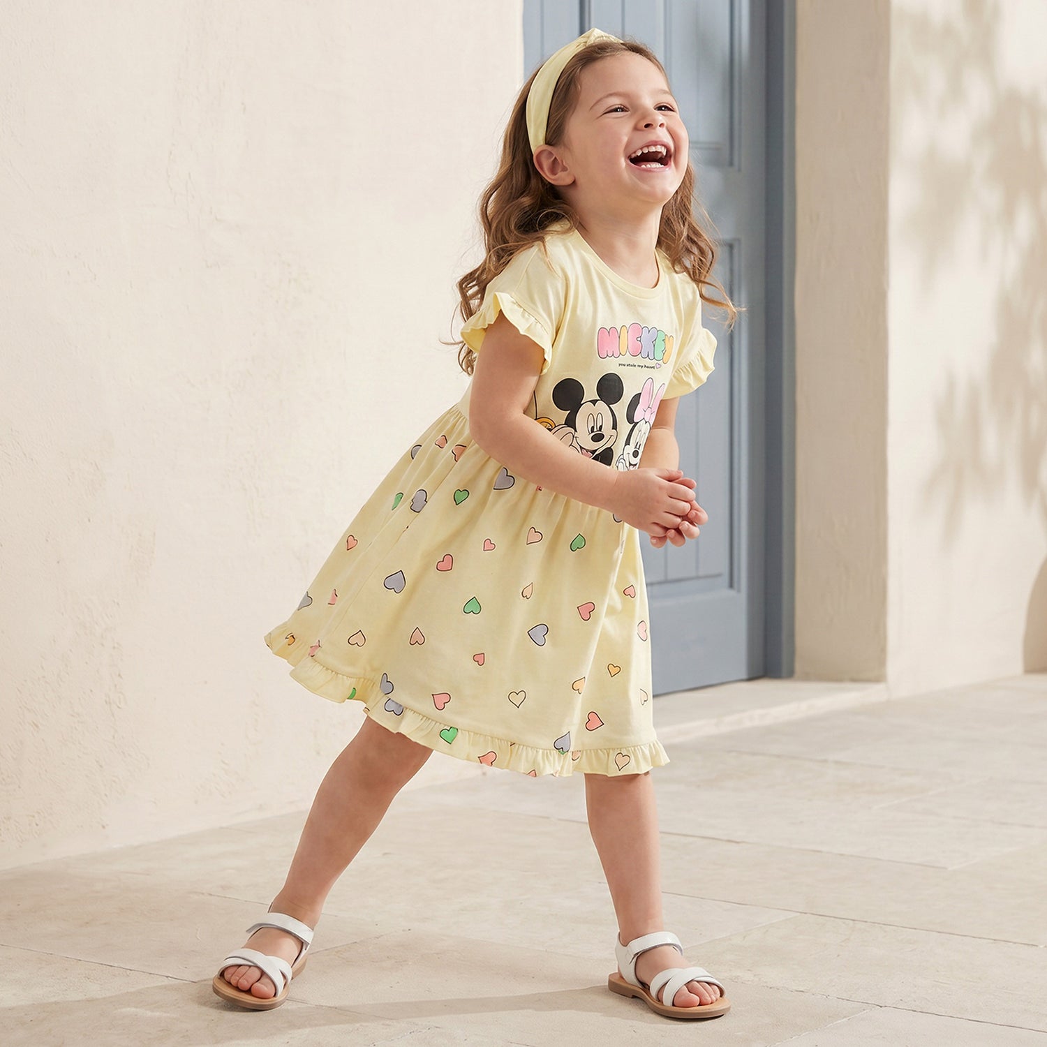 Disney Round Neck Short Sleeves Knee Length A-line Dress with Mickey and Minnie Mouse Print