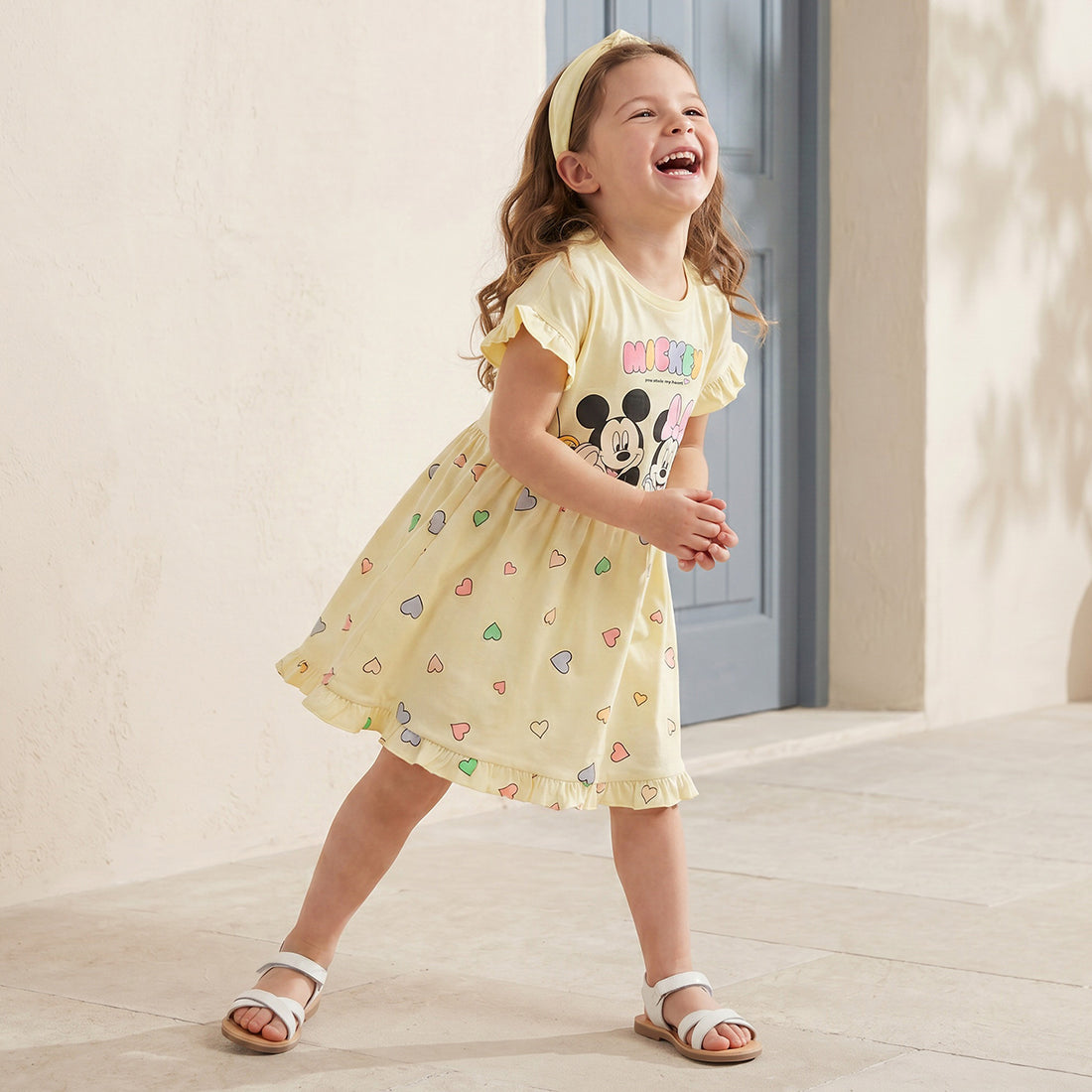Disney Round Neck Short Sleeves Knee Length A-line Dress with Mickey and Minnie Mouse Print