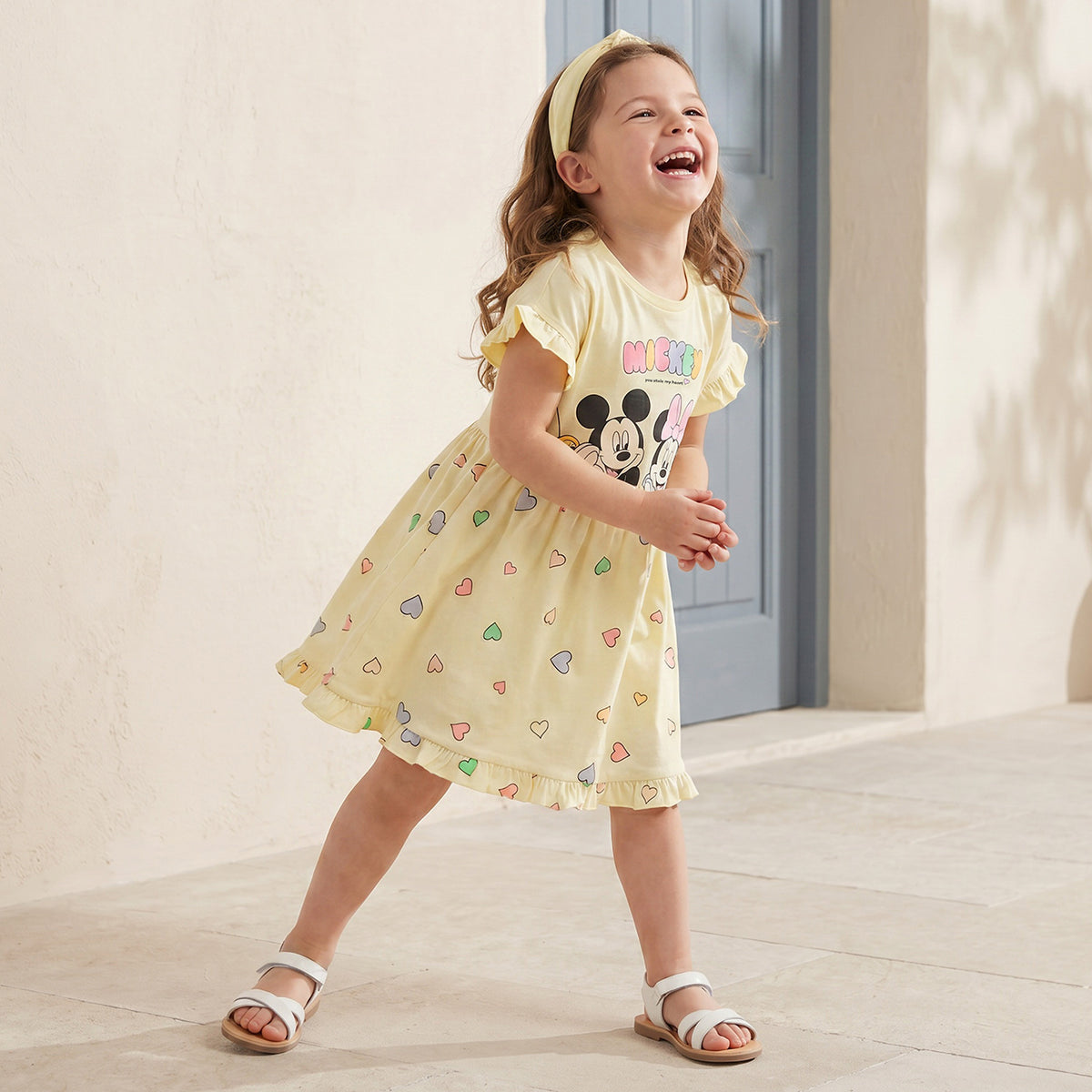 Disney Round Neck Short Sleeves Knee Length A-line Dress with Mickey and Minnie Mouse Print