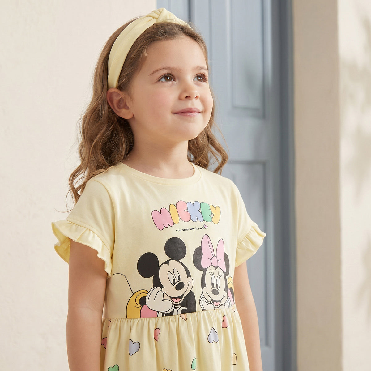 Disney Round Neck Short Sleeves Knee Length A-line Dress with Mickey and Minnie Mouse Print