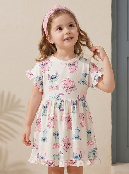 Disney Round Neck Short Sleeves Knee Length A-line Dress with Angel and Stitch Print-girls-clothing-dressesandjumpsuits-image-1