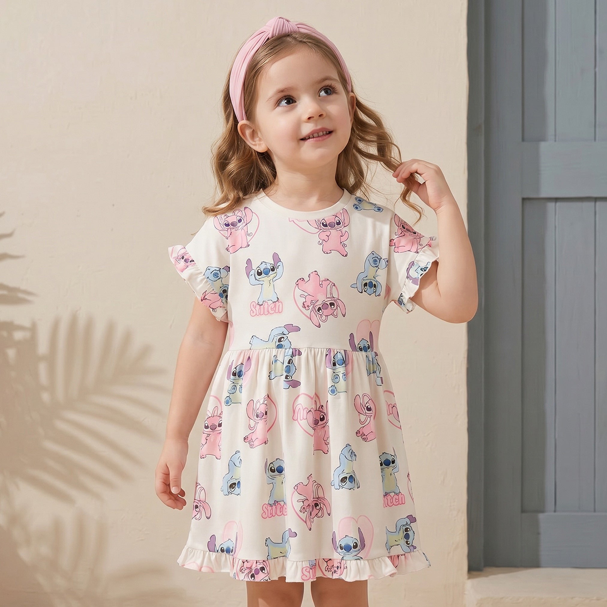 Disney Round Neck Short Sleeves Knee Length A-line Dress with Angel and Stitch Print - White / 3-4 yrs