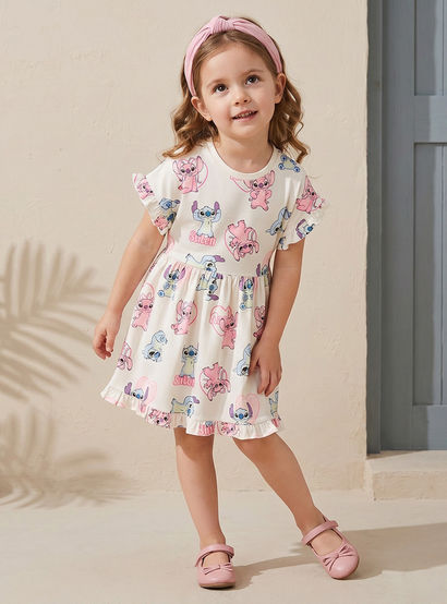 Disney Round Neck Short Sleeves Knee Length A-line Dress with Angel and Stitch Print-girls-clothing-dressesandjumpsuits-image-2