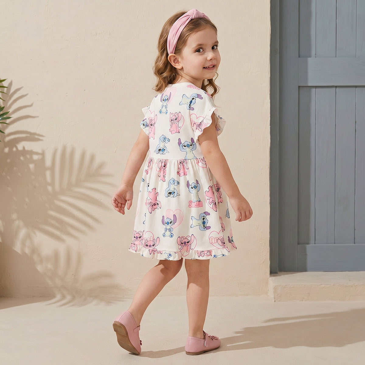 Disney Round Neck Short Sleeves Knee Length A-line Dress with Angel and Stitch Print
