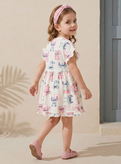 Disney Round Neck Short Sleeves Knee Length A-line Dress with Angel and Stitch Print-girls-clothing-dressesandjumpsuits-image-3