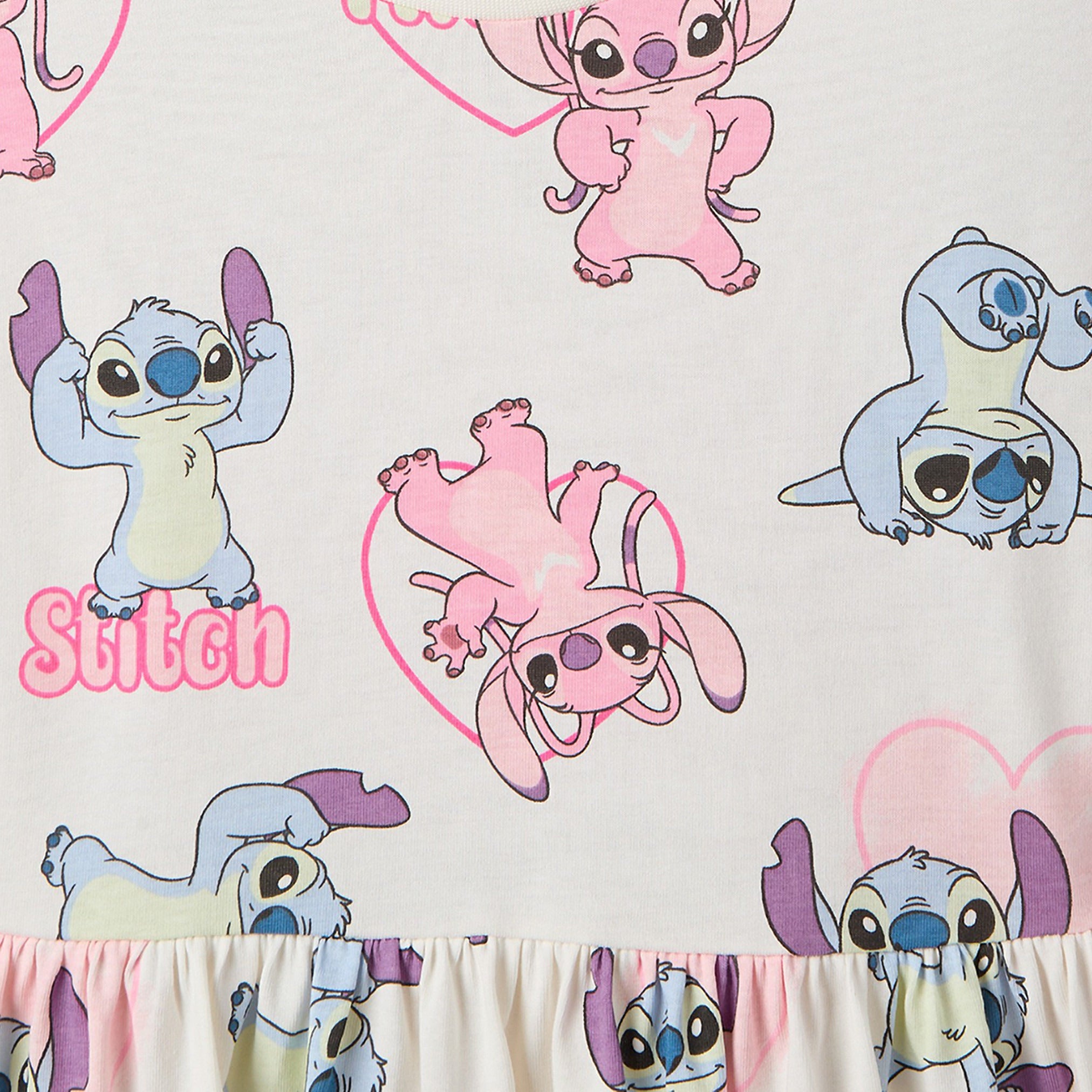 Disney Round Neck Short Sleeves Knee Length A-line Dress with Angel and Stitch Print