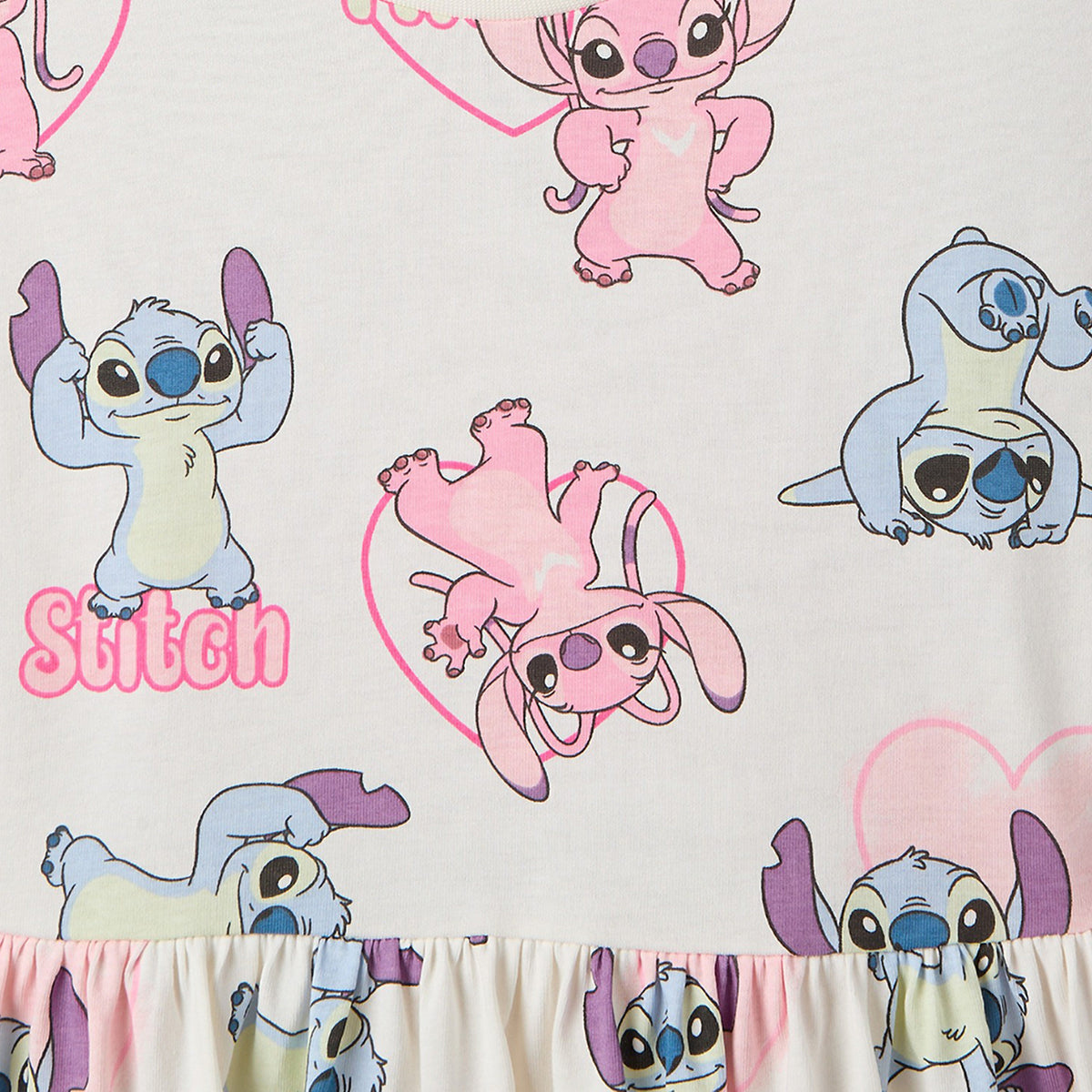 Disney Round Neck Short Sleeves Knee Length A-line Dress with Angel and Stitch Print