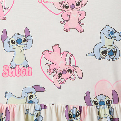 Disney Round Neck Short Sleeves Knee Length A-line Dress with Angel and Stitch Print