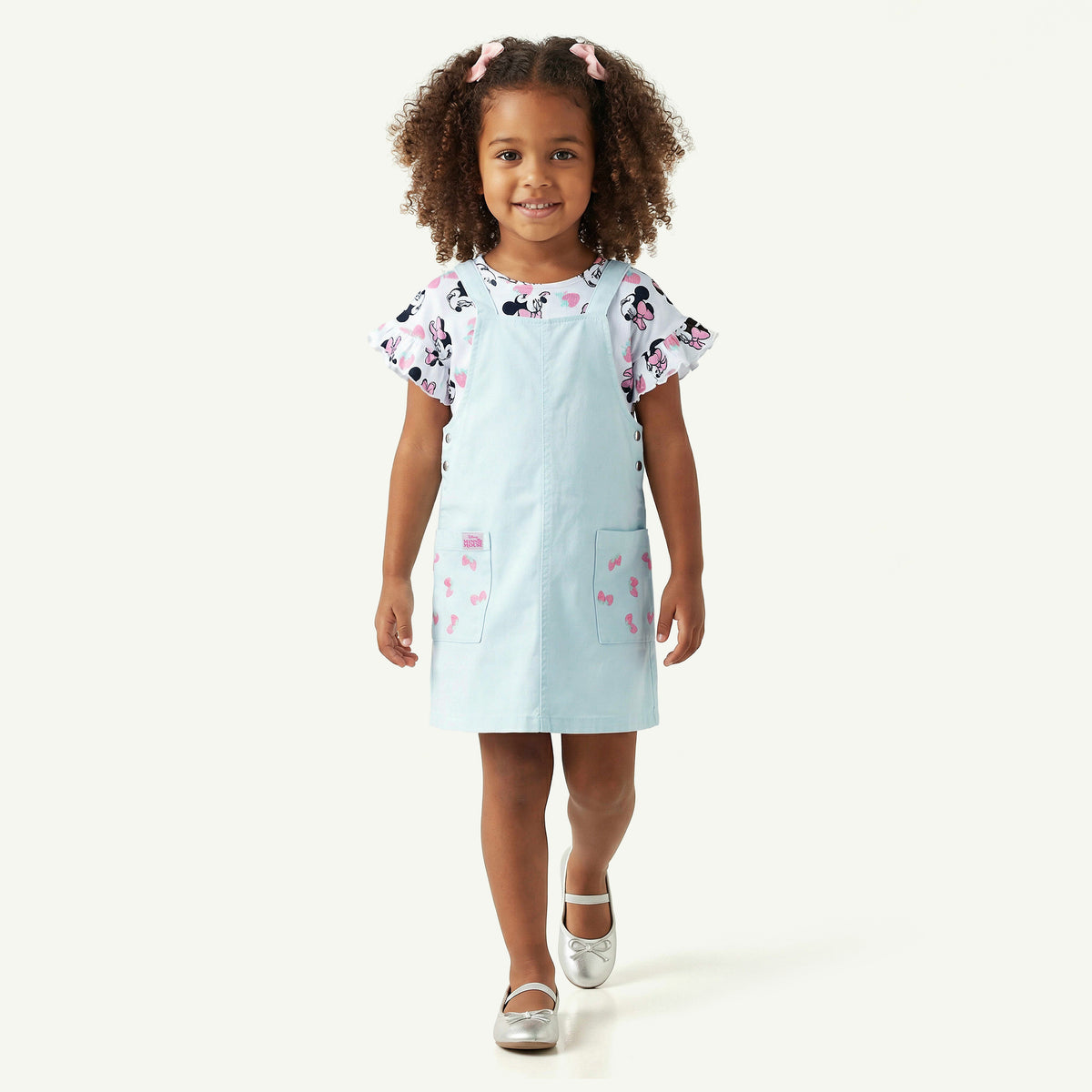 Disney Round Neck Short Sleeves T-shirt and Pinafore Set with Minnie Mouse Print