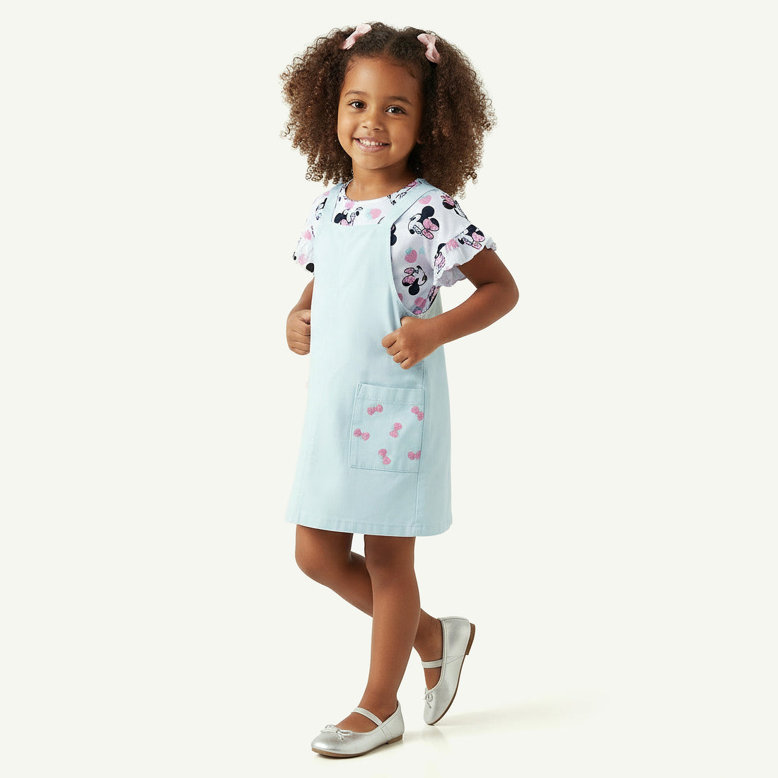 Disney Round Neck Short Sleeves T-shirt and Pinafore Set with Minnie Mouse Print