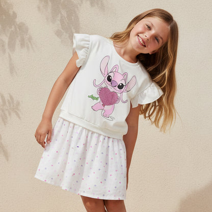 Disney Crew Neck Cap Sleeves Knee Length Dress with Stitch Print - White / 1-2 yrs