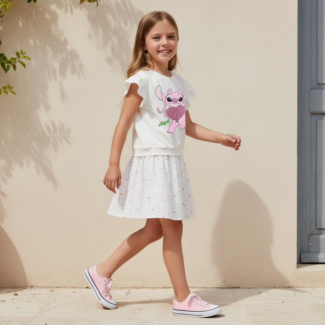 Disney Crew Neck Cap Sleeves Knee Length Dress with Stitch Print