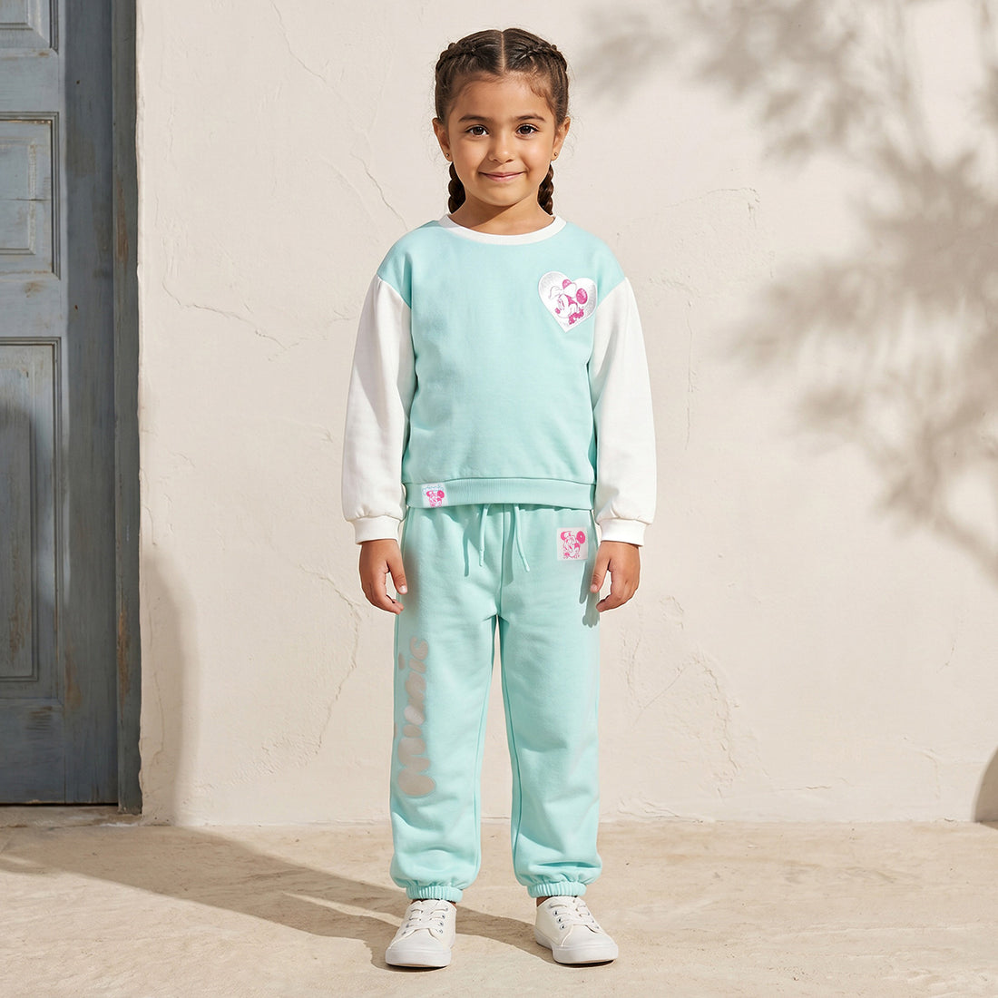 Disney Round Neck Long Sleeves Sweatshirt and Joggers Set with Minnie Mouse Print - Green / 1-2 yrs