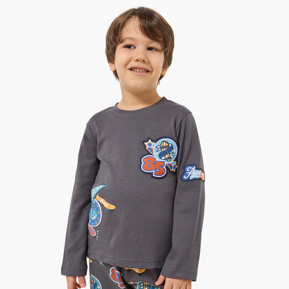 Juniors Cotton Crew Neck Long Sleeves Pyjama Set with Bear Print