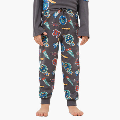 Juniors Cotton Crew Neck Long Sleeves Pyjama Set with Bear Print
